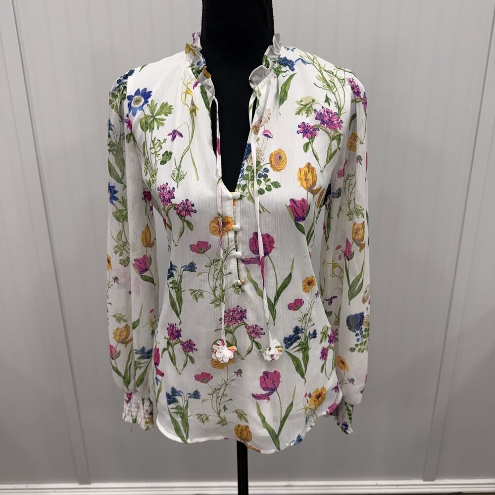 Joie Women's Small White Floral Button-Top Line Lightweight Sheer Blouse